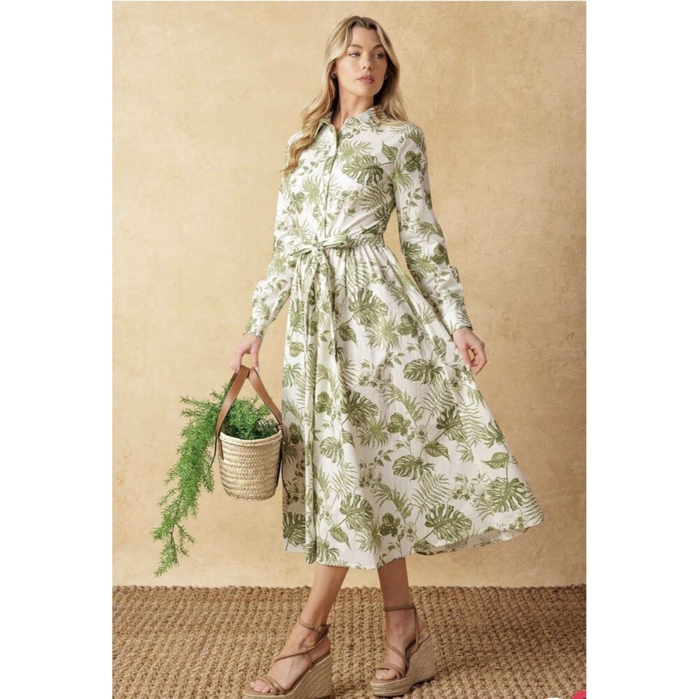 Flying Tomato Want You Around Woven Midi Dress Green Print Size Small EUC